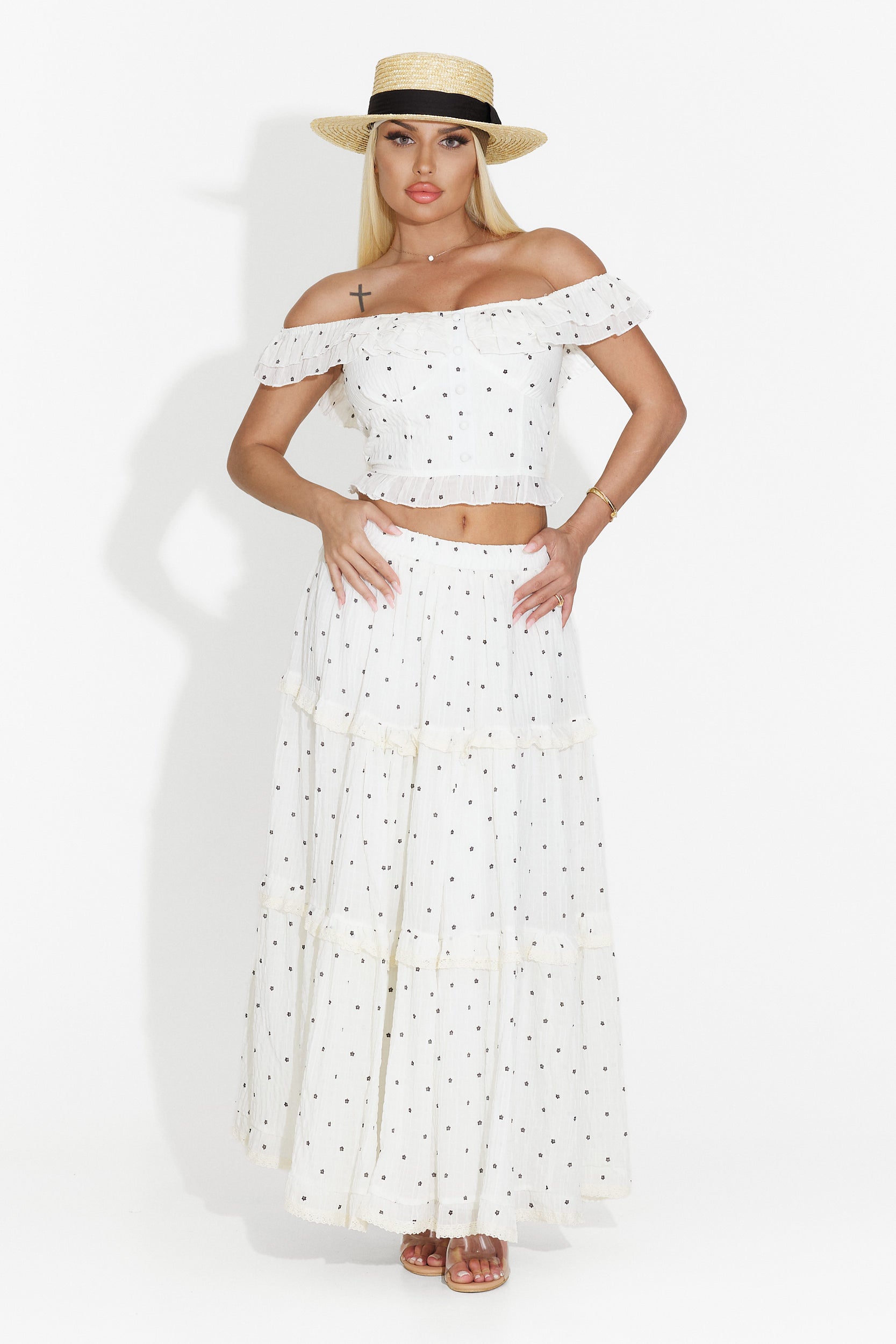 White Mayner Bogas Set with Long Skirt