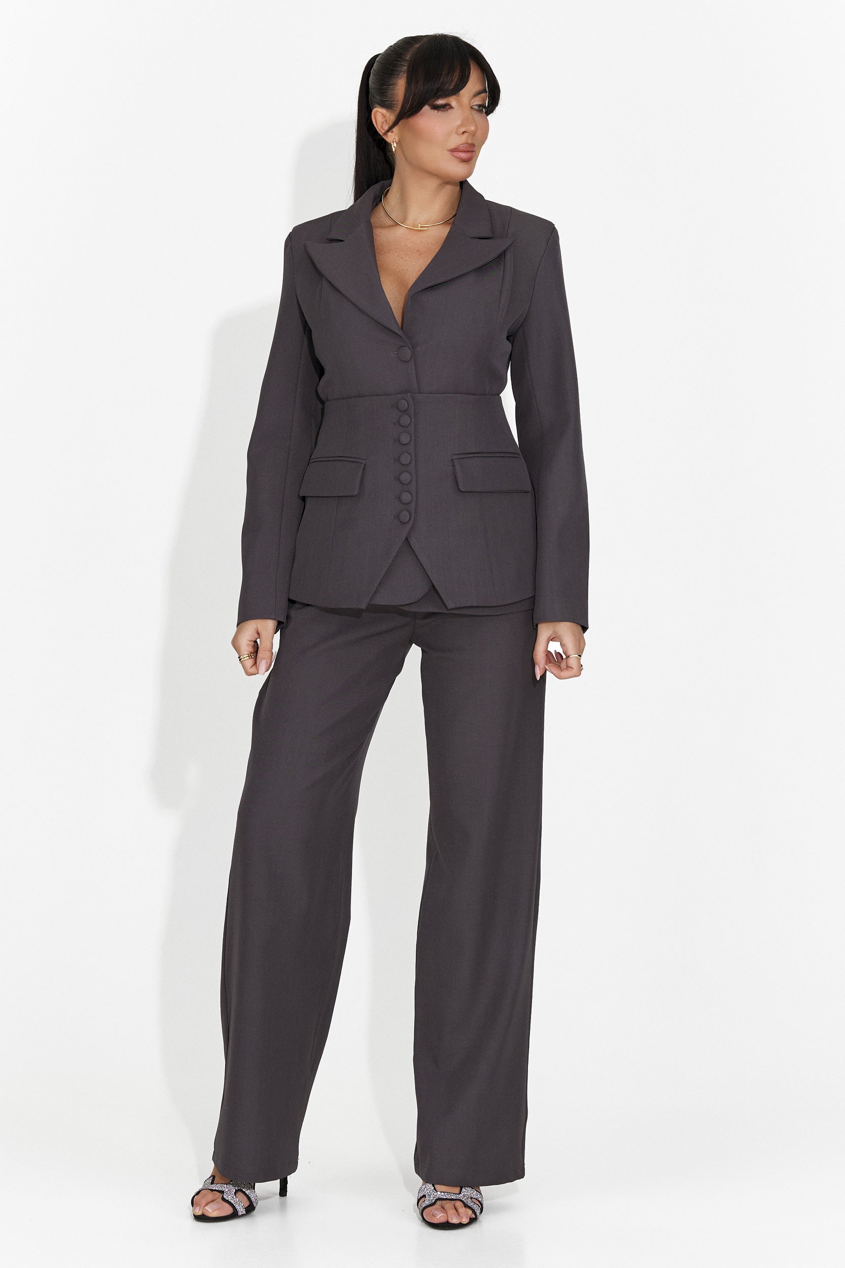 Frauen 3-teiliger Anzug Jacke + Korsett + graue Hose Glimena Bo