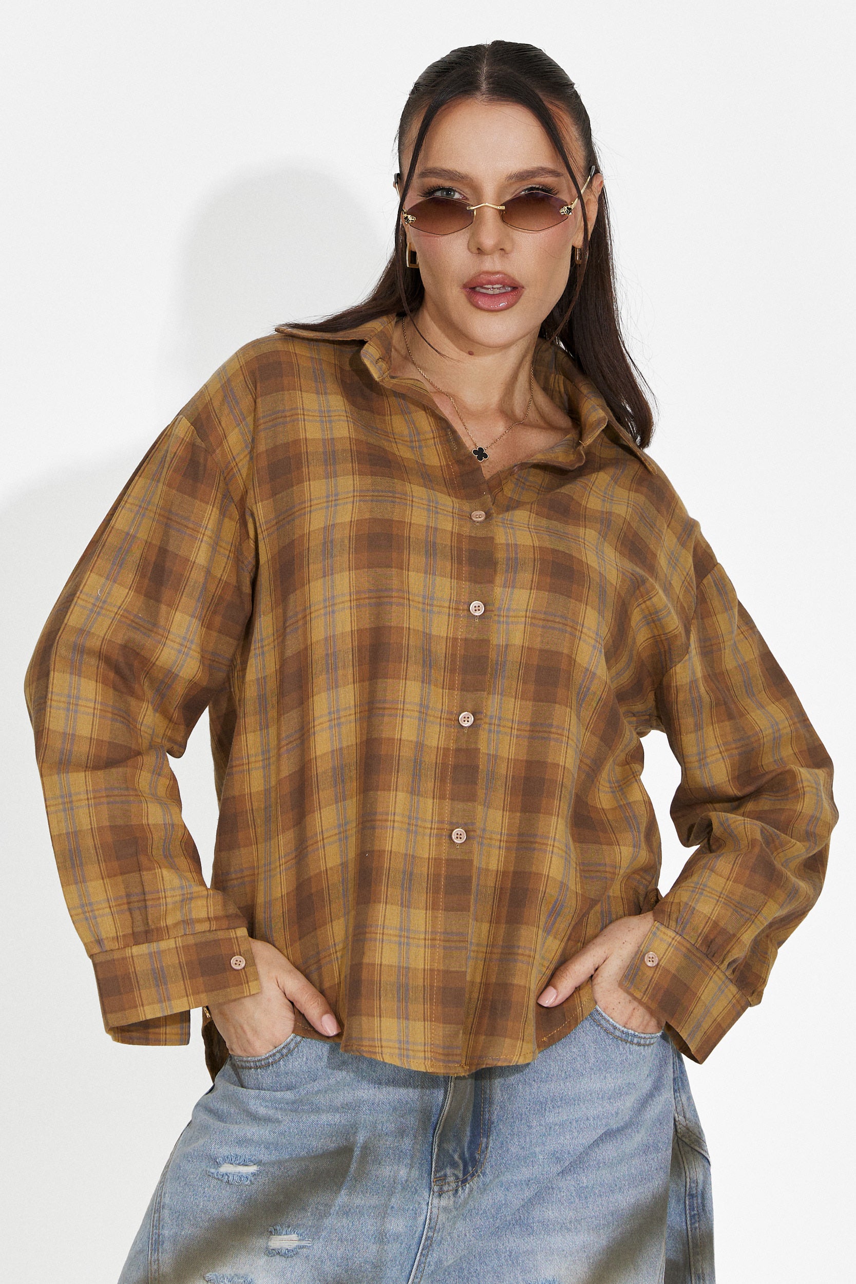 新品 W.C.W SHIRT PULLOVER / Yellow × Brown Barcely Bogas Yellow Casual Women's Shirt