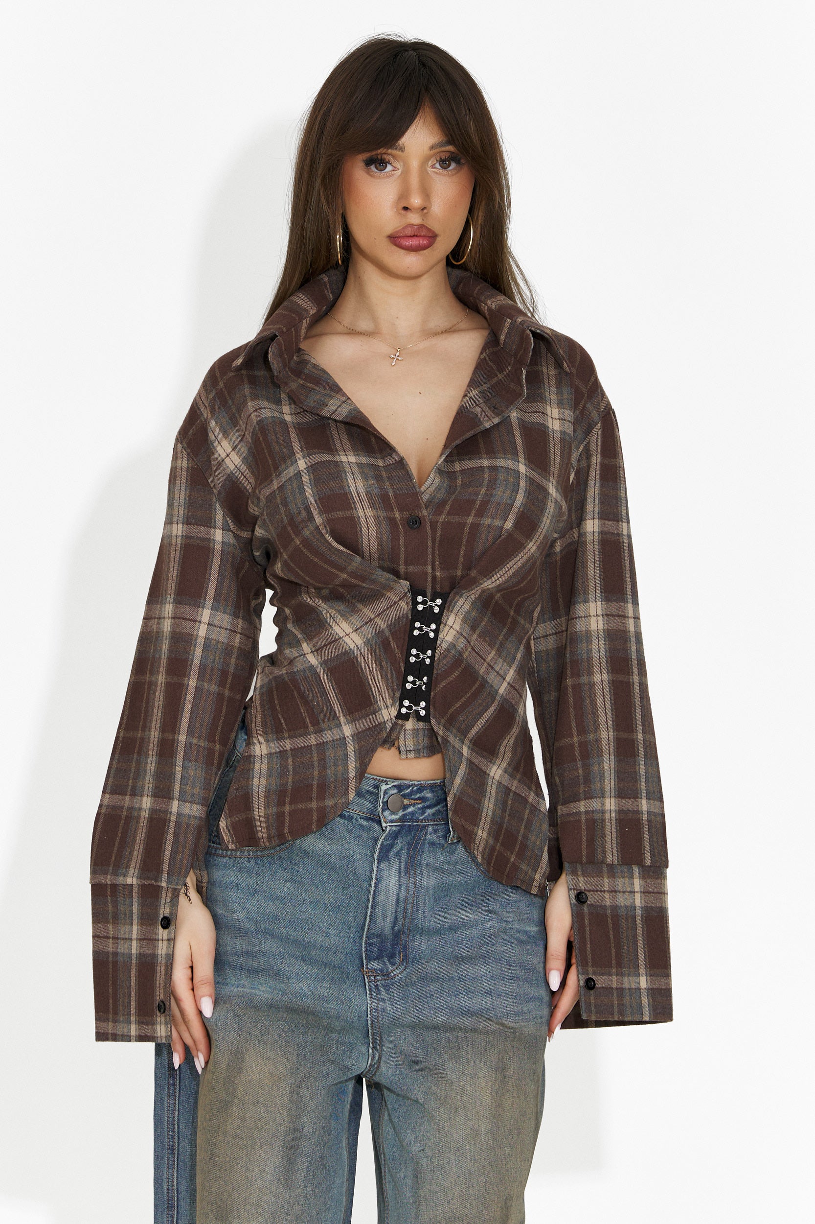 Κομψό καφέ γυναικείο πουκάμισο Hermiona Bogas