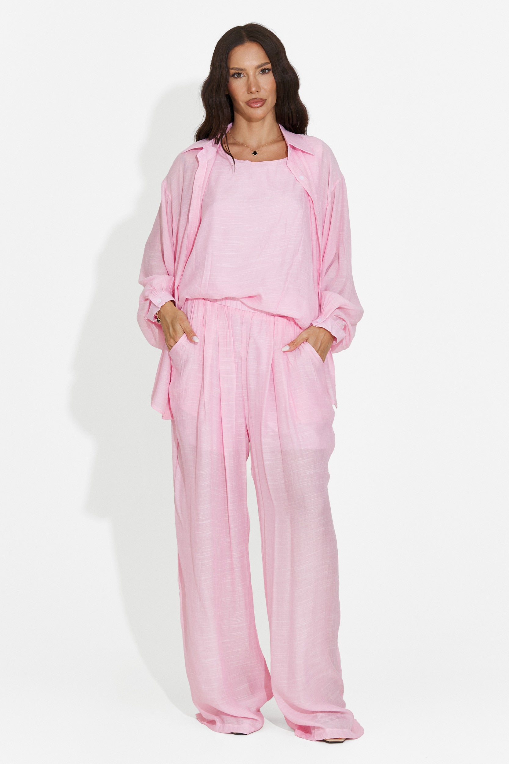 Ensemble femme chemise + pantalon + débardeur rose Mivya Bogas