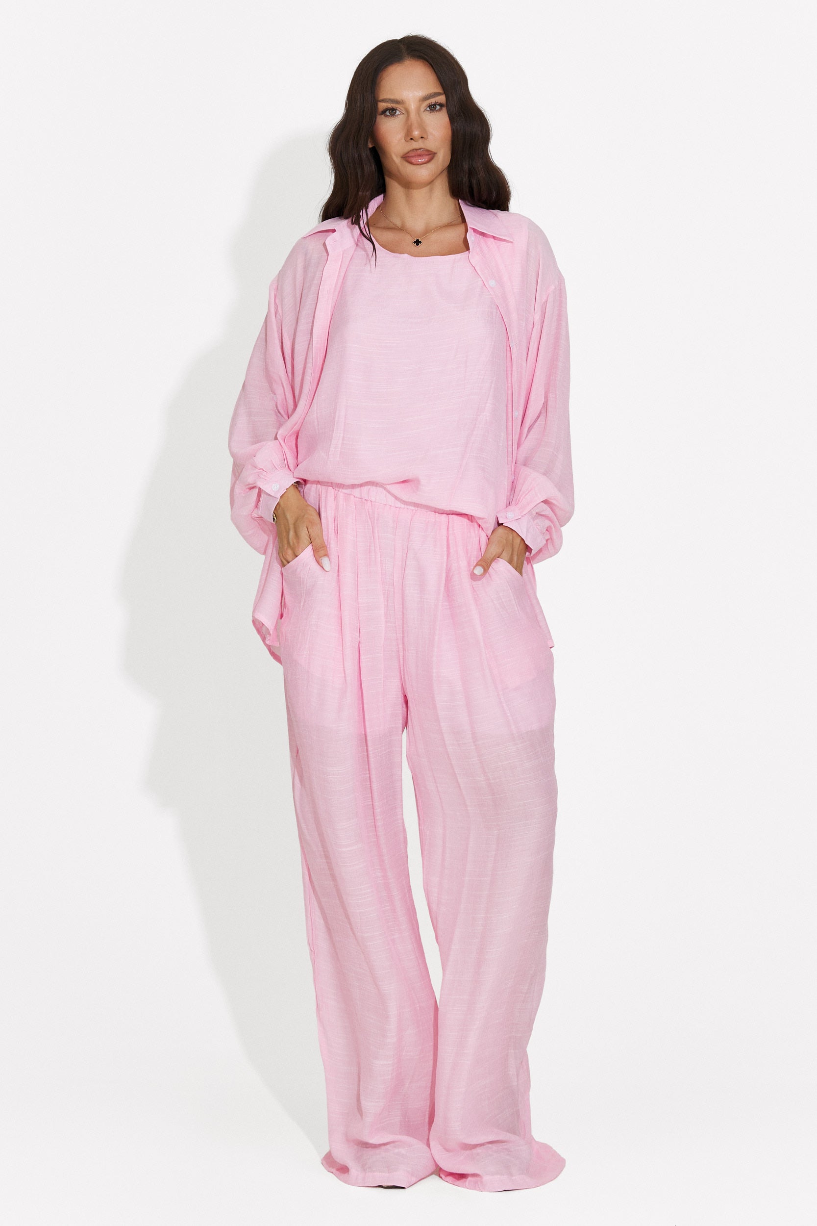 Ensemble femme chemise + pantalon + débardeur rose Mivya Bogas