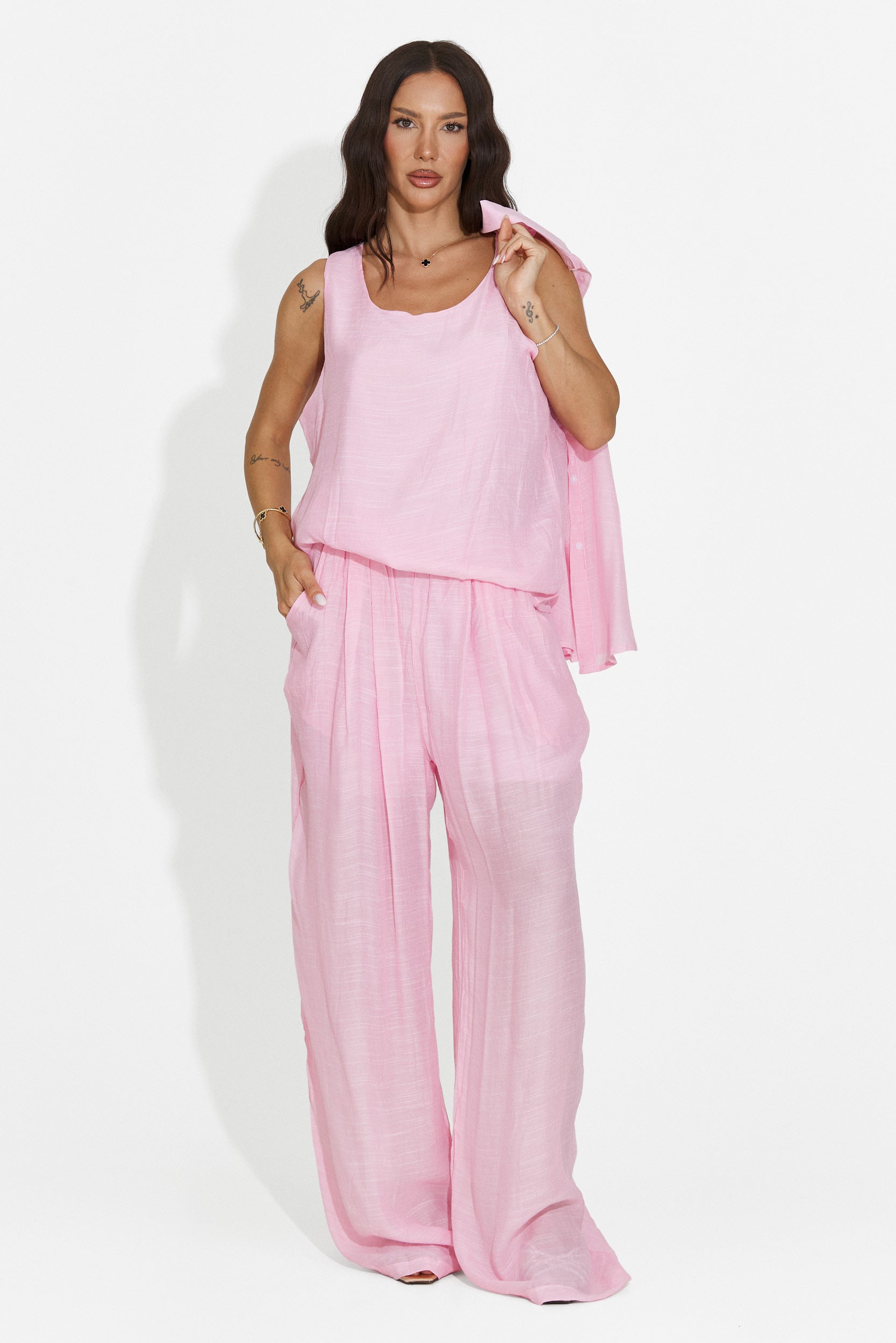 Ensemble femme chemise + pantalon + débardeur rose Mivya Bogas