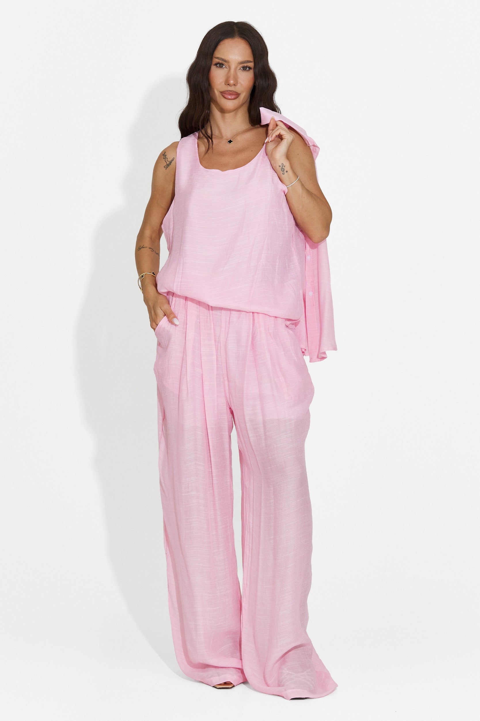 Ensemble femme chemise + pantalon + débardeur rose Mivya Bogas