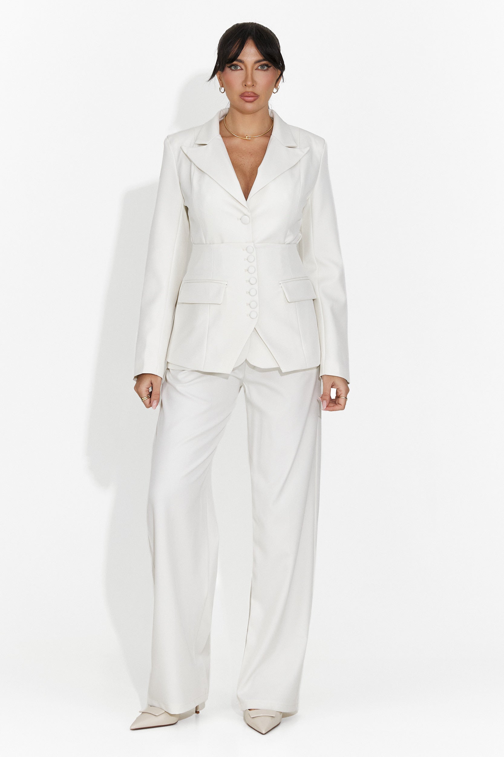 Women's suit 3 pieces blazer + corset + beige pants Glimena Bogas