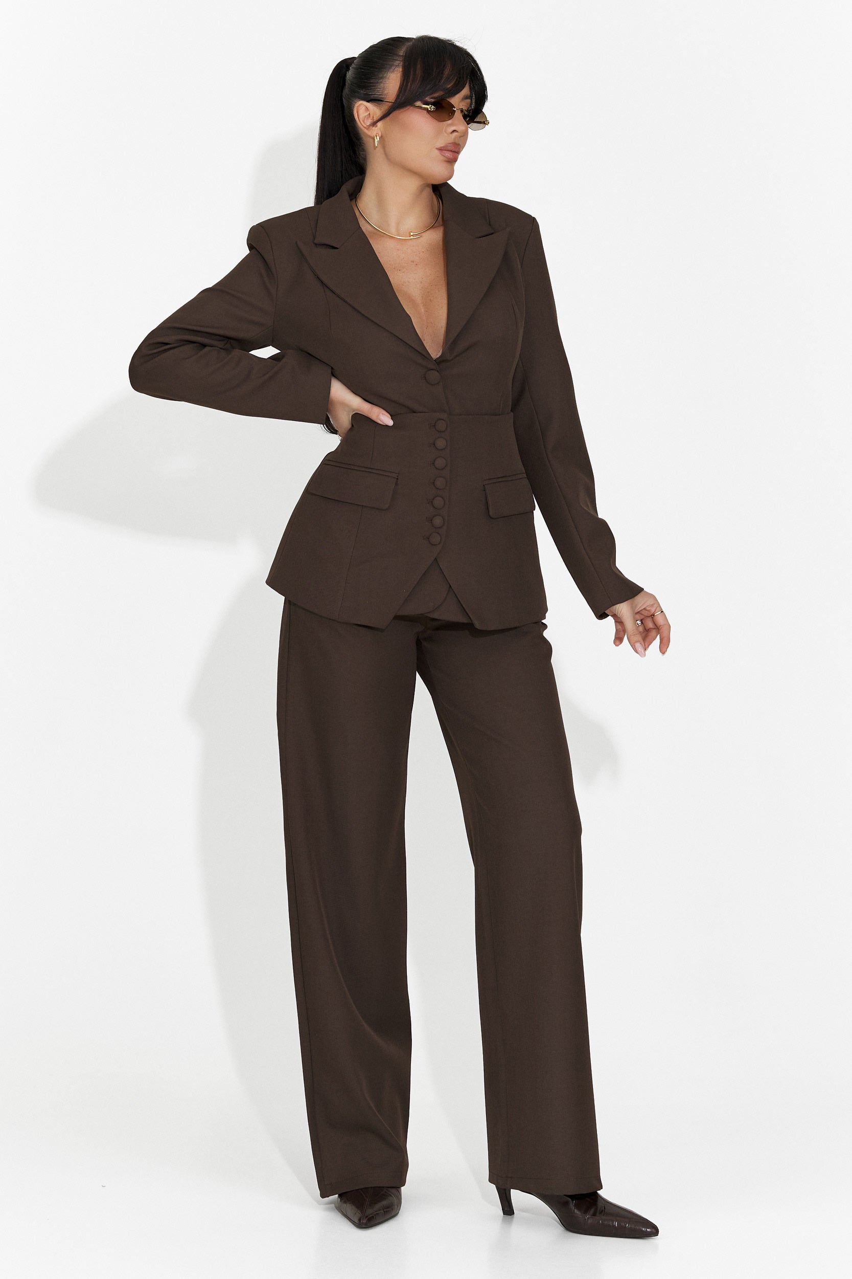 Glimena Bog Women's 3 Piece Suit: Jacket + Corset + Brown Trous