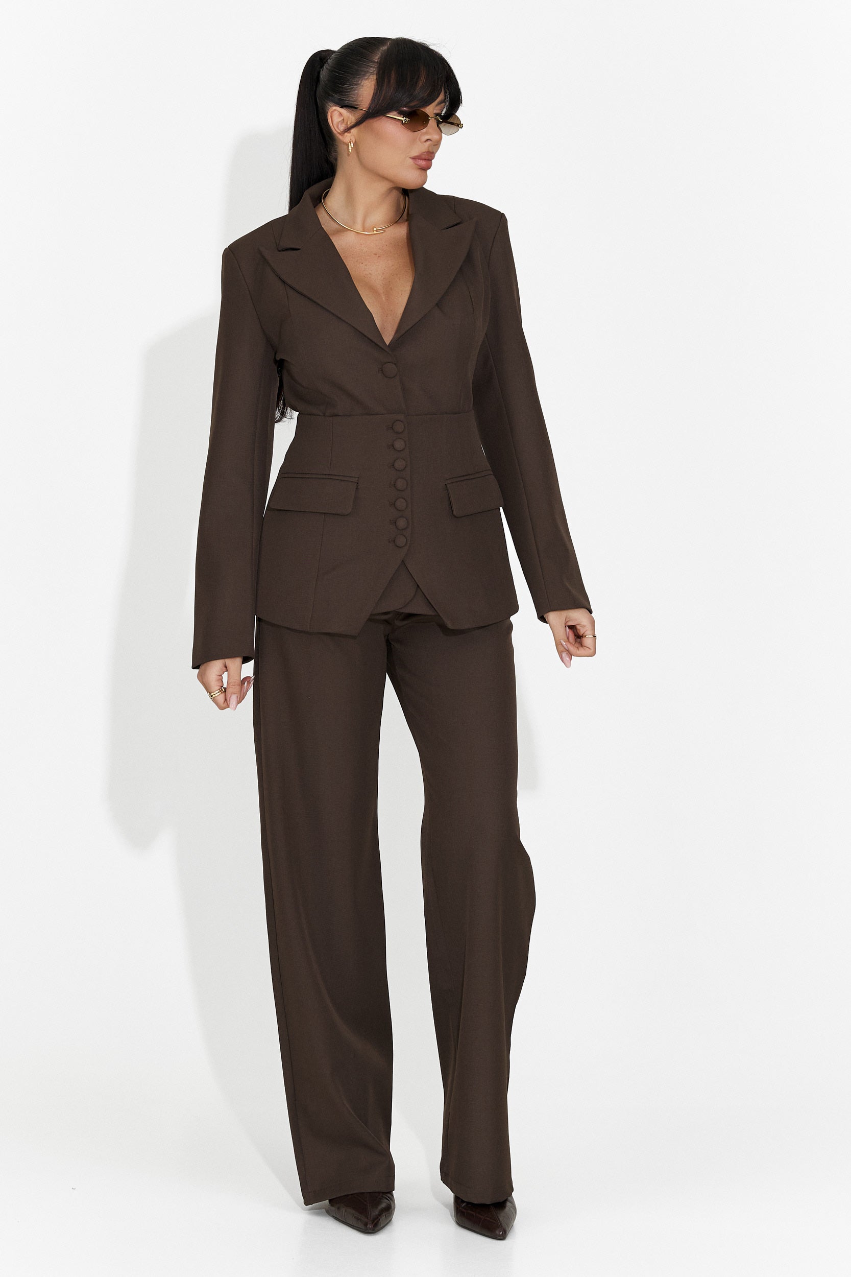 Glimena Bog Women's 3 Piece Suit: Jacket + Corset + Brown Trous
