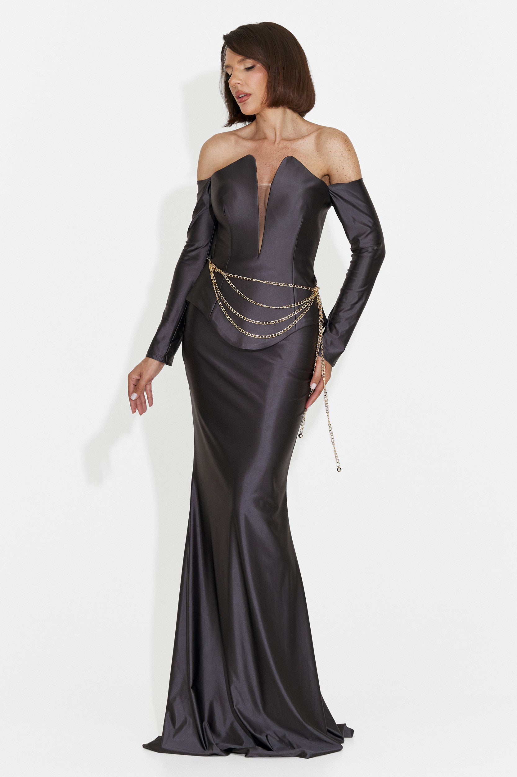 Paulinas Bogas Anthrazit Graues Langes Damenkleid